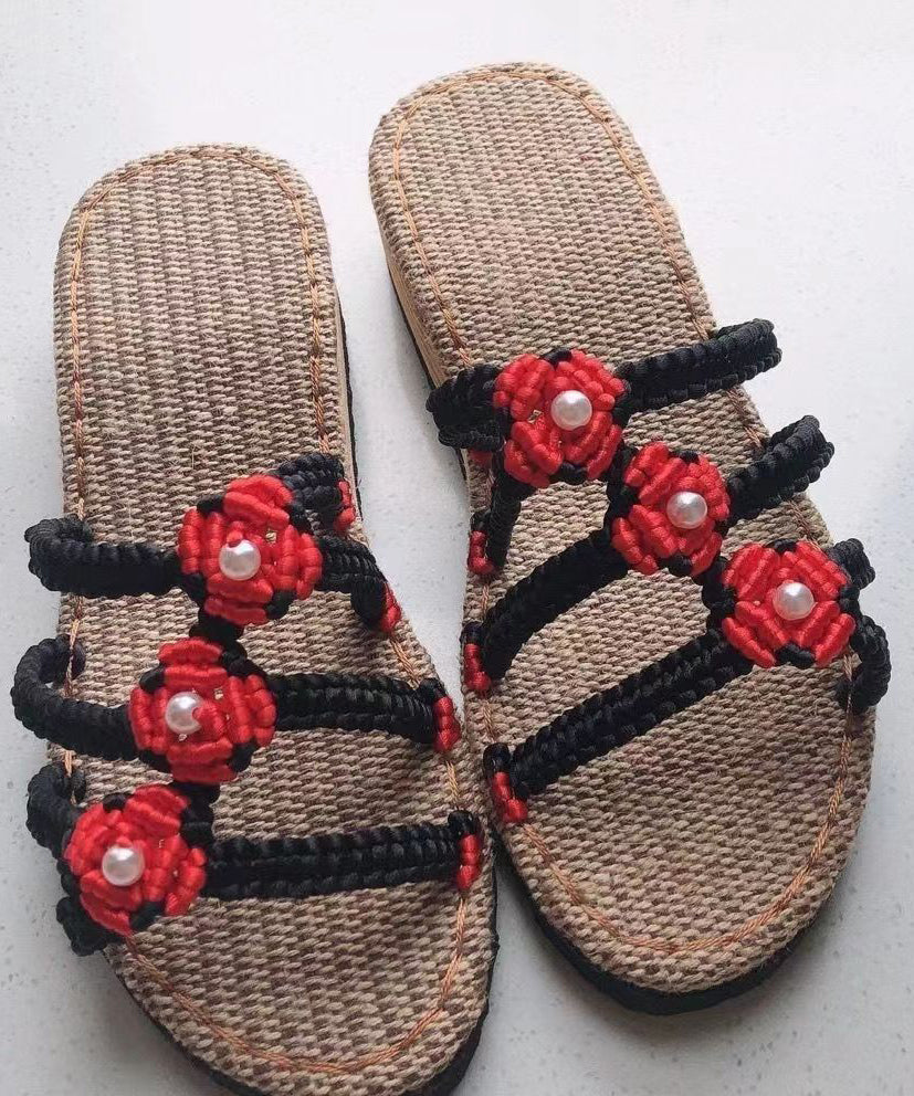 Splicing Wedge Black Knit Fabric Slide Sandals Peep Toe Soofairy Shoes-20251