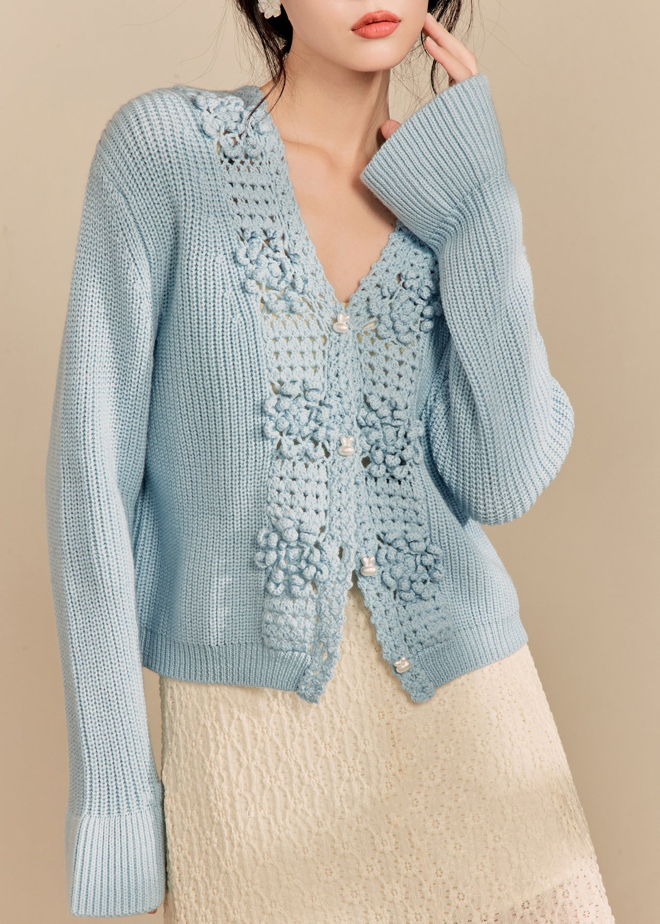 Blue V Neck Hollow Out Knit Cardigan Fall