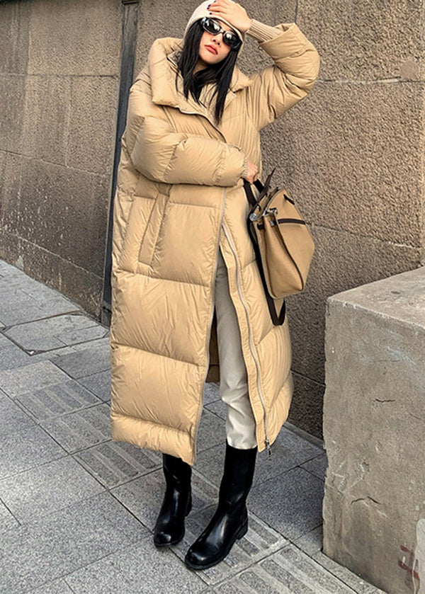 Khaki Zippered Pockets Hooded Duck Down Puffer Coat Winter