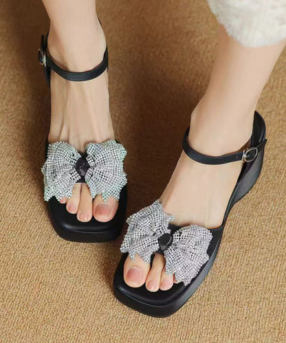 Zircon Bow Splicing Wedge Sandals Blue Cowhide Leather