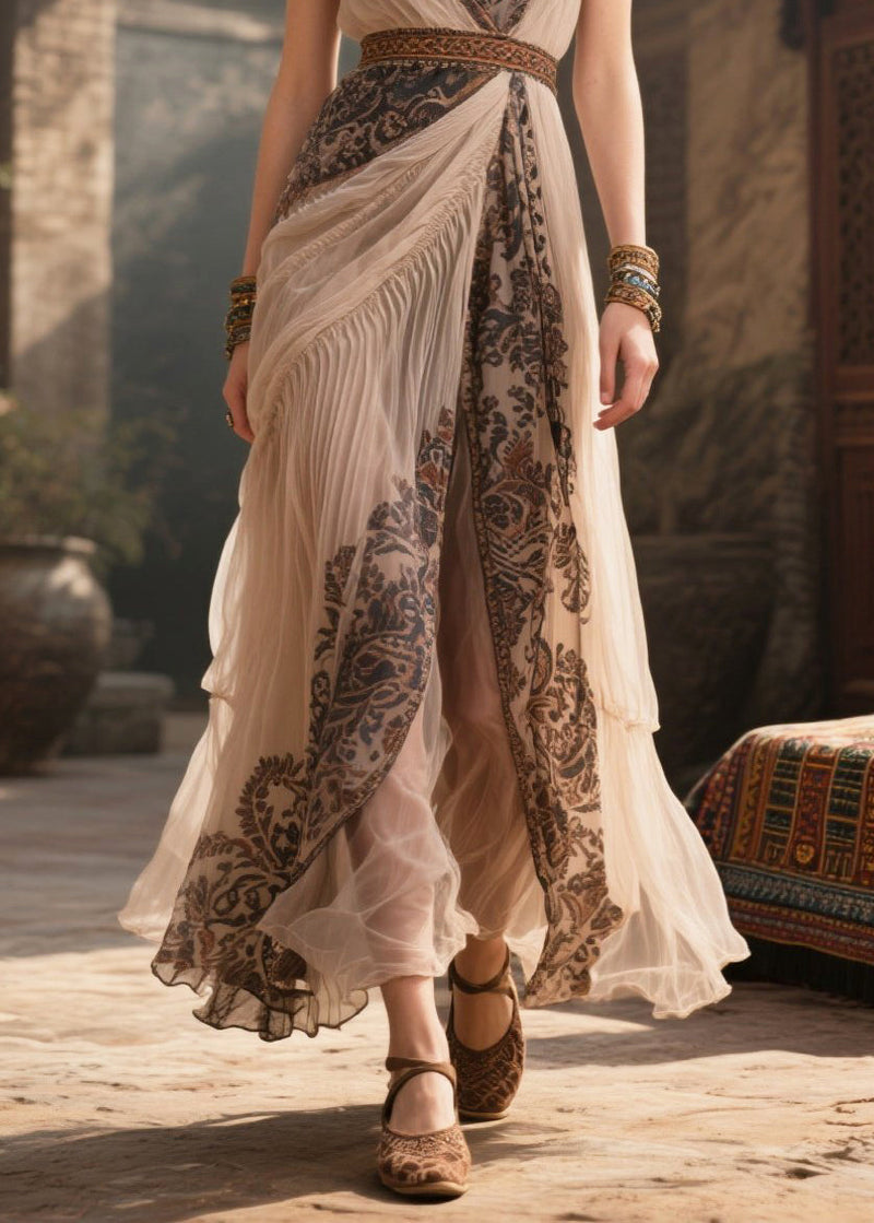 Apricot V Neck Print Chiffon Cami Dress Summer
