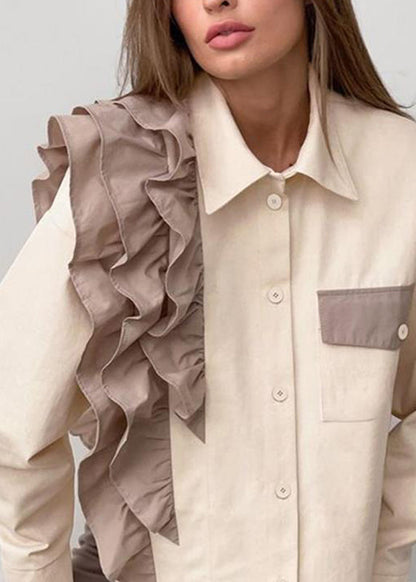 Apricot Ruffled Peter Pan Collar Ruffled Patchwork Shirt Spring