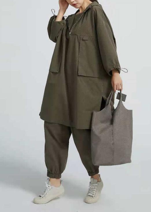 Style Arm Green Cotton Blouses for Side Open Short Hooded Long Blouse