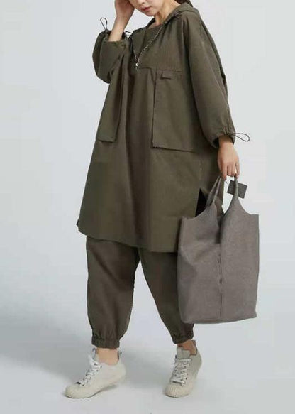 Style Arm Green Cotton Blouses for Side Open Short Hooded Long Blouse