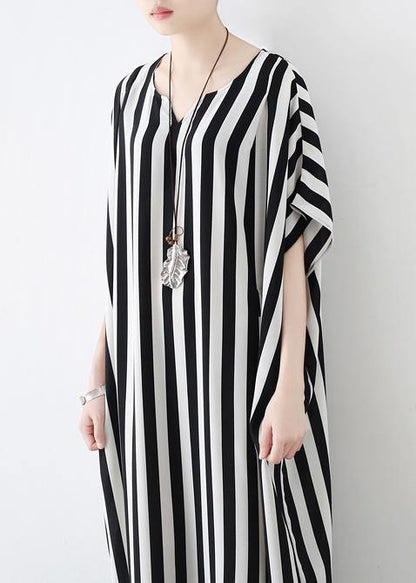 Summer Big Bat Sleeve Black and White Stripe Chiffon Dress