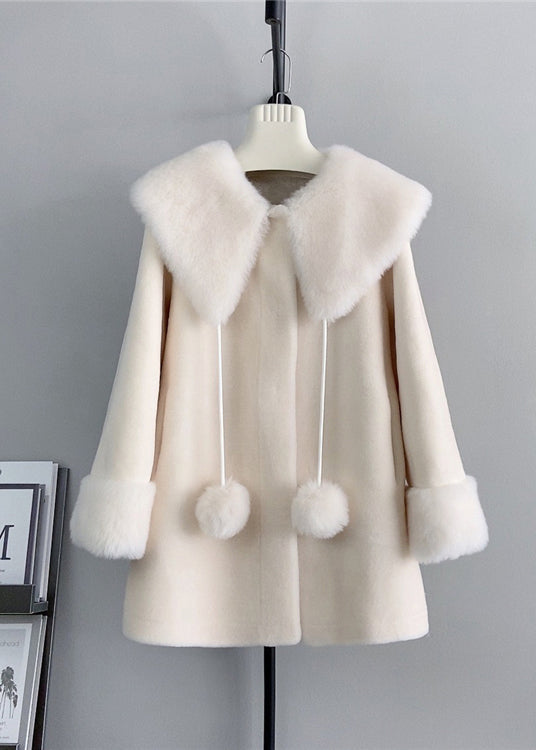 New White Square Collar Fuzzy Ball Decorated Woolen Coats Winter