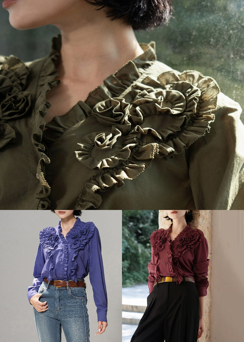 Purple Ruffled Cotton Fall Blouse Tops V Neck