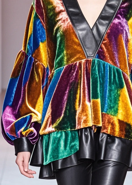 Diy Gradient Color V Neck Patchwork Exra Large Hem Silk Velour Shirt Top Fall