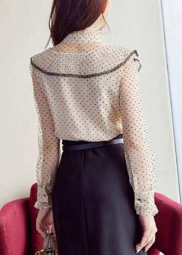 Apricot Stand Collar Ruffles Button Dot Chiffon Shirt Spring