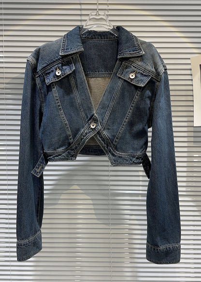 Navy Peter Pan Collar Patchwork Button Denim Coats