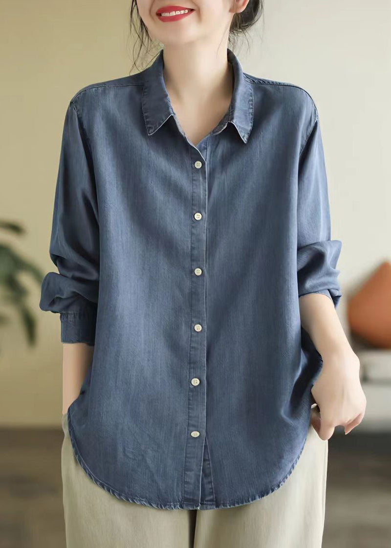 Denim Blue Peter Pan Collar Patchwork Button Shirt Long Sleeve