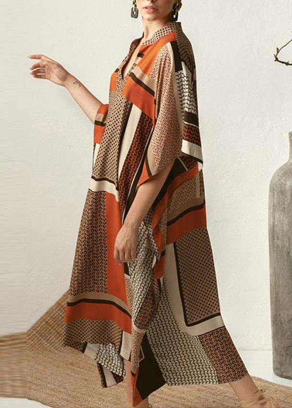 Orange Chocolate Print Half Sleeve Kimono Robe Summer Chiffon Dress