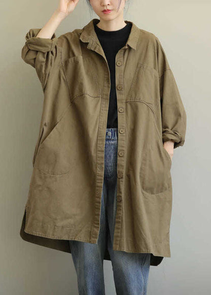 Khaki Peter Pan Collar Pockets Patchwork Cotton Coat Long Sleeve