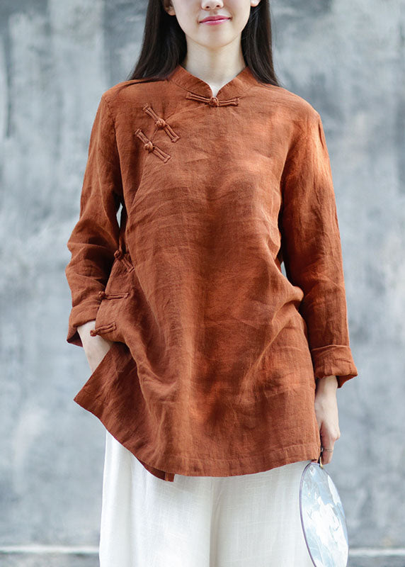 Brown Button Linen Blouses Spring