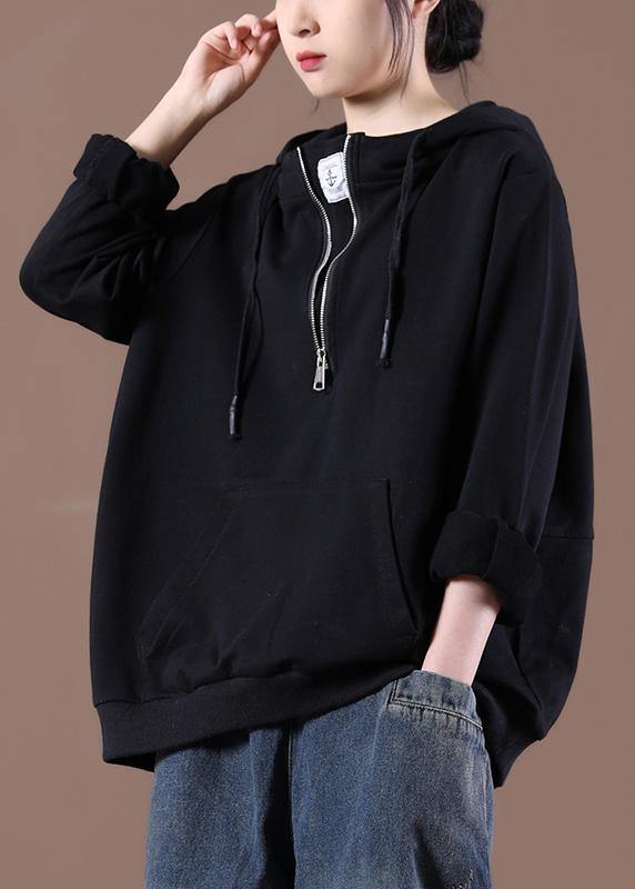 Hooded Autumn Simple Black Tops