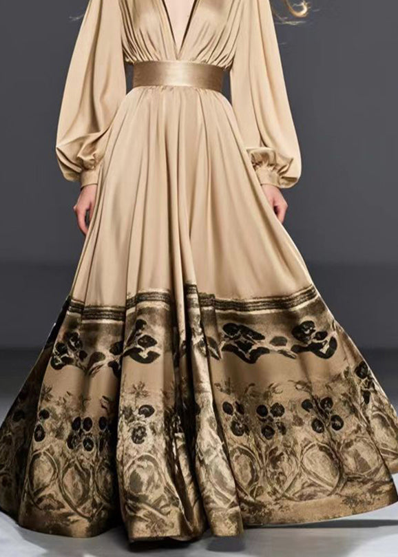 Golden Cinched Print Silk Maxi Dresses Fall