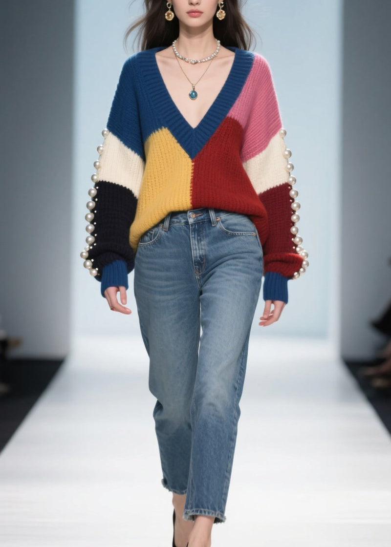 Colorblock Nail Bead Patchwork Knit Pullover Fall
