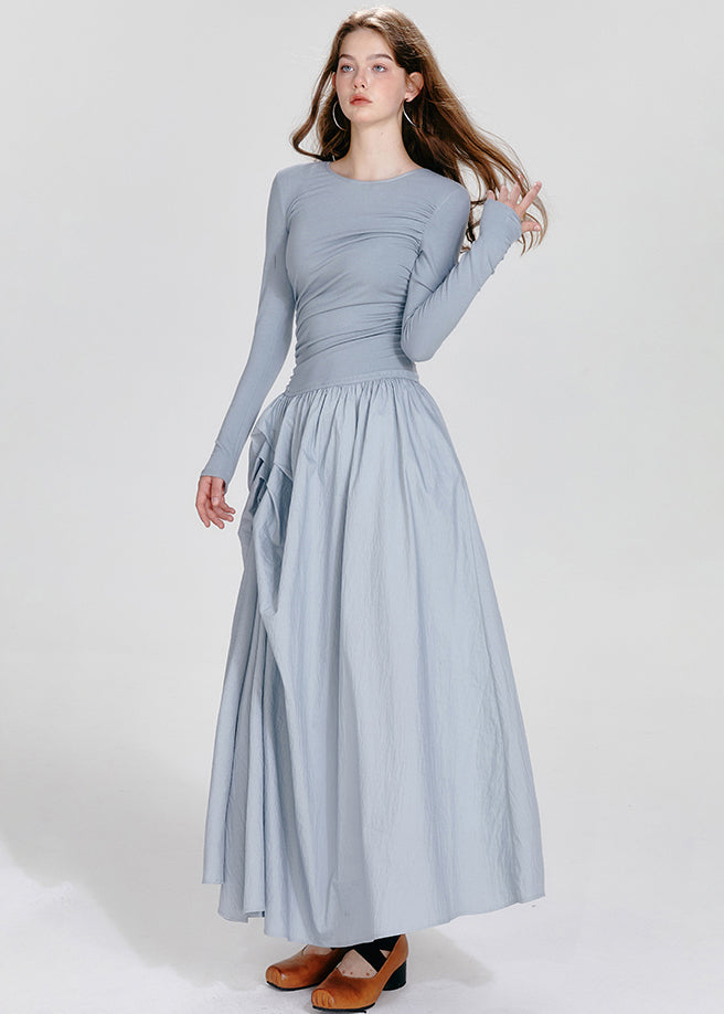 French Black O-neck Asymmetrical Wrinkled Maxi Dresses Spring