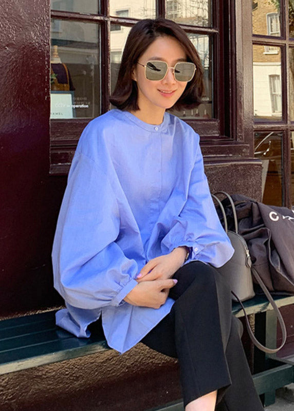 French Blue O-neck Button Side Open Cotton Shirts Lantern Sleeve