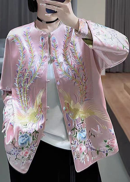 Pink Embroideried Wear on Both Sides Silk Coat Spring