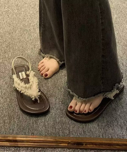 Beige Tassel Splicing Peep Toe Walking Sandals