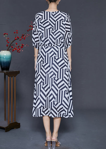 Black Cinched Striped Chiffon Dress Summer