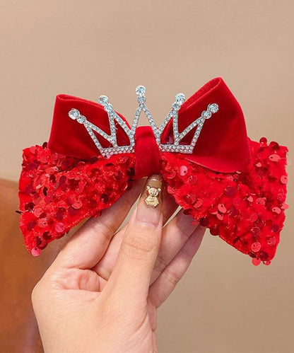 New Red Alloy Fabric Bow Sequins Ribbon Kids Hairpin Two Piece Set