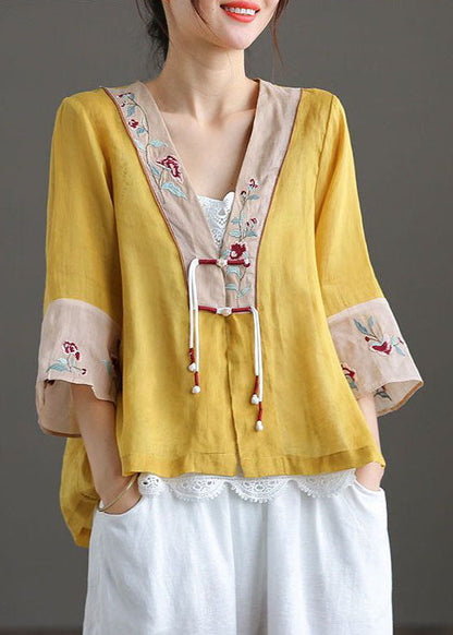 Yellow V Neck Embroideried Cotton Linen Blouse Tops Bracelet Sleeve
