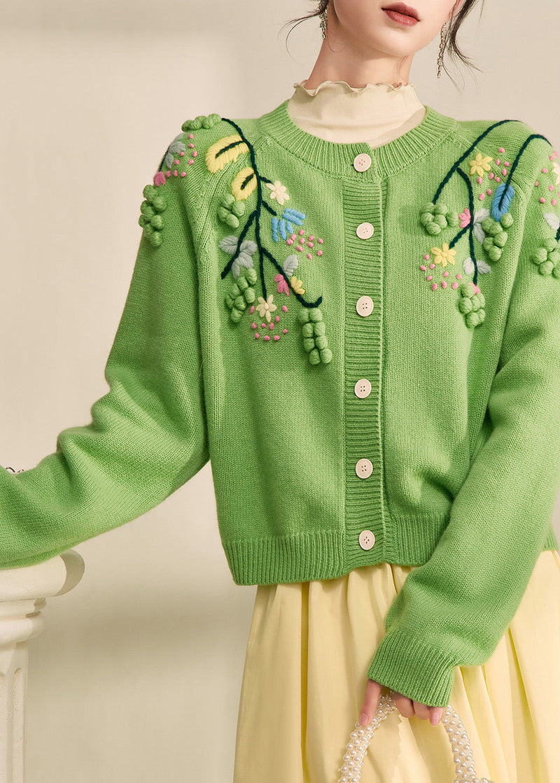 Green Embroidered Button Cotton Knit Cardigans Fall