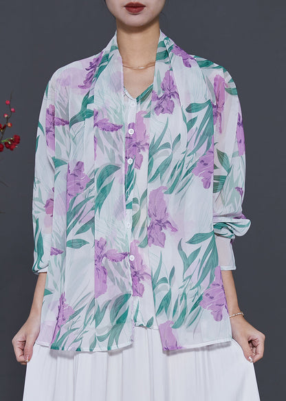 White Tulip Print Chiffon Fake Two Piece Shirt Spring