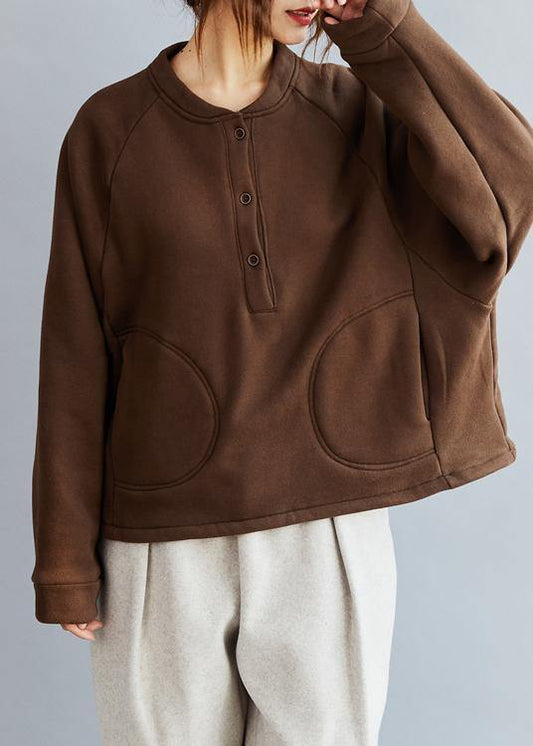 Natural O Neck Cotton Loose Clothes Work Brown Blouse