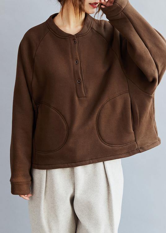Natural O Neck Cotton Loose Clothes Work Brown Blouse