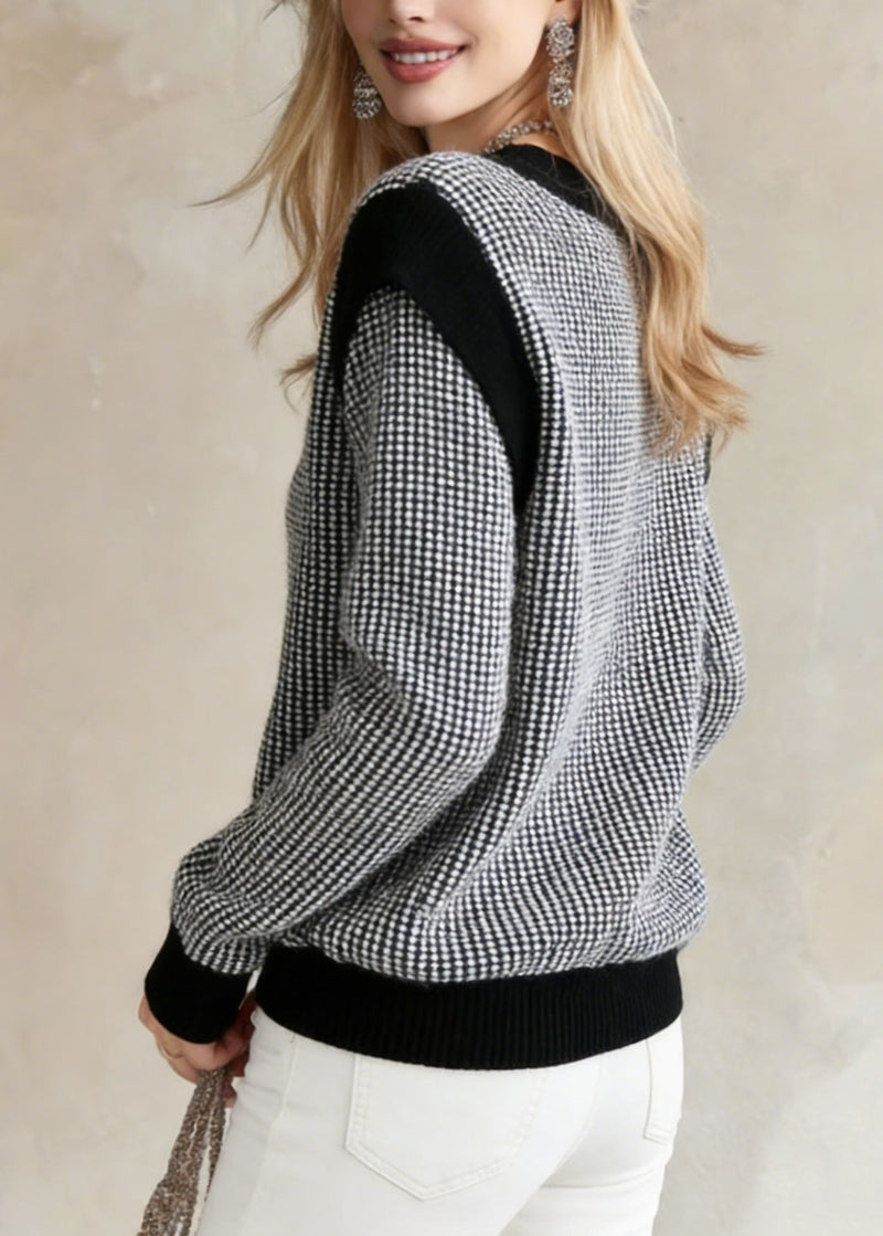 Black V Neck Plaid Knit Sweater Tops Winter