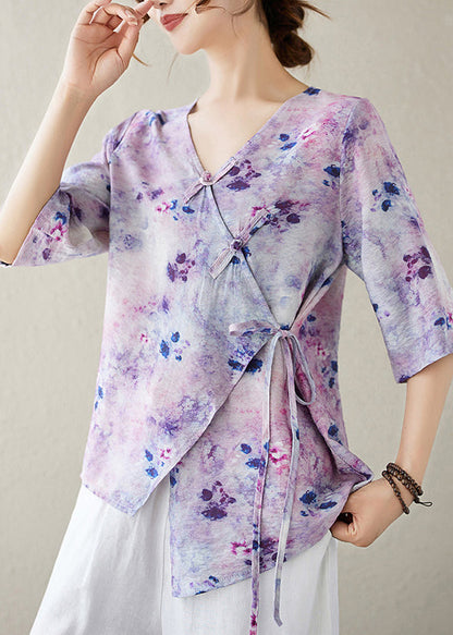 Stylish Purple V Neck Print Lace Up Cotton Shirt Half Sleeve