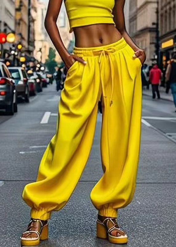 Yellow Pockets Patchwork Tie Waist Lantern Pants Summer