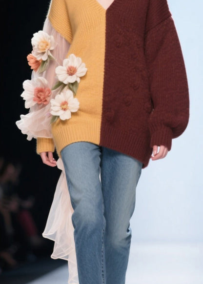 Classy Colorblock V Neck Tulle Knit Top Fall