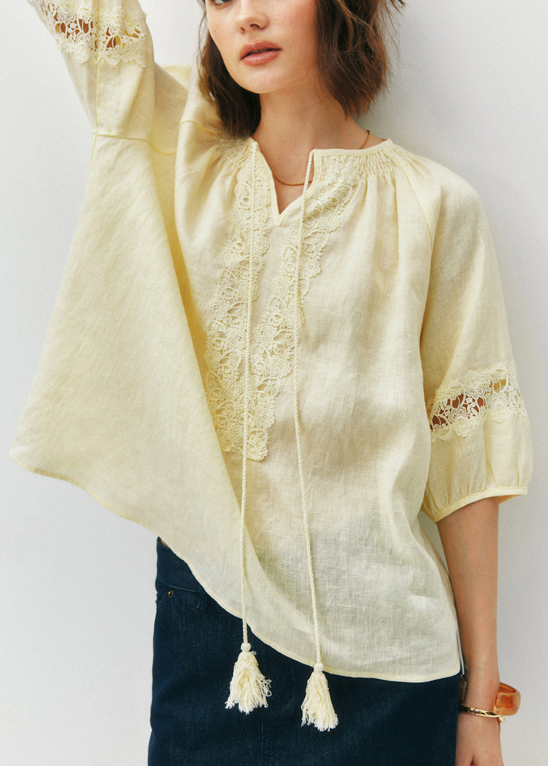 Yellow O Neck Patchwork Cotton Shirt Top Summer