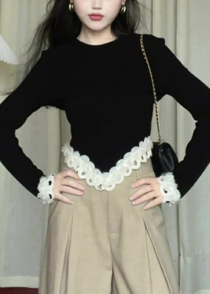 Black Asymmetrical Lace Patchwork Knit Sweaters Long Sleeve