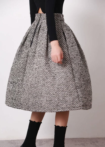 Simple Black White Plaid High Waist Woolen a Line Skirts Spring