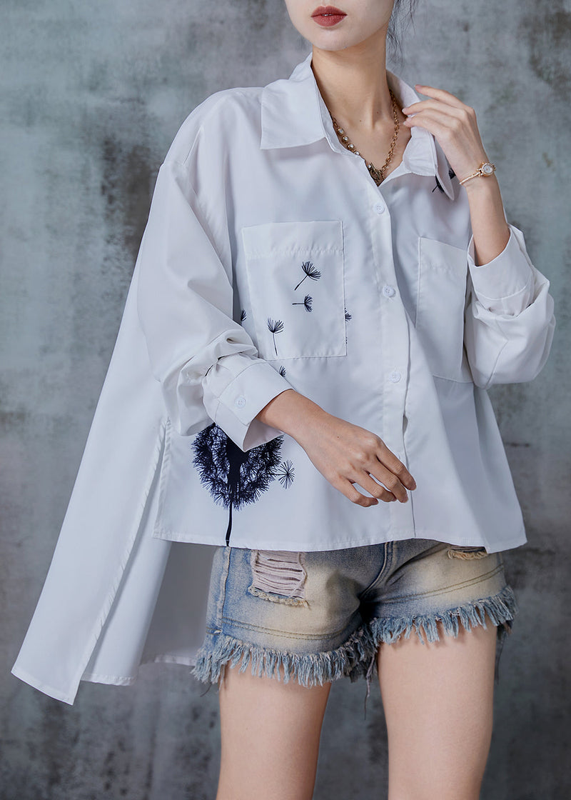 White Print Cotton Loose Shirt Top Low High Design Spring