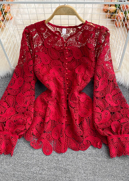 French Blue O-neck Hollow Out Tunitc Lace Top Long Sleeve