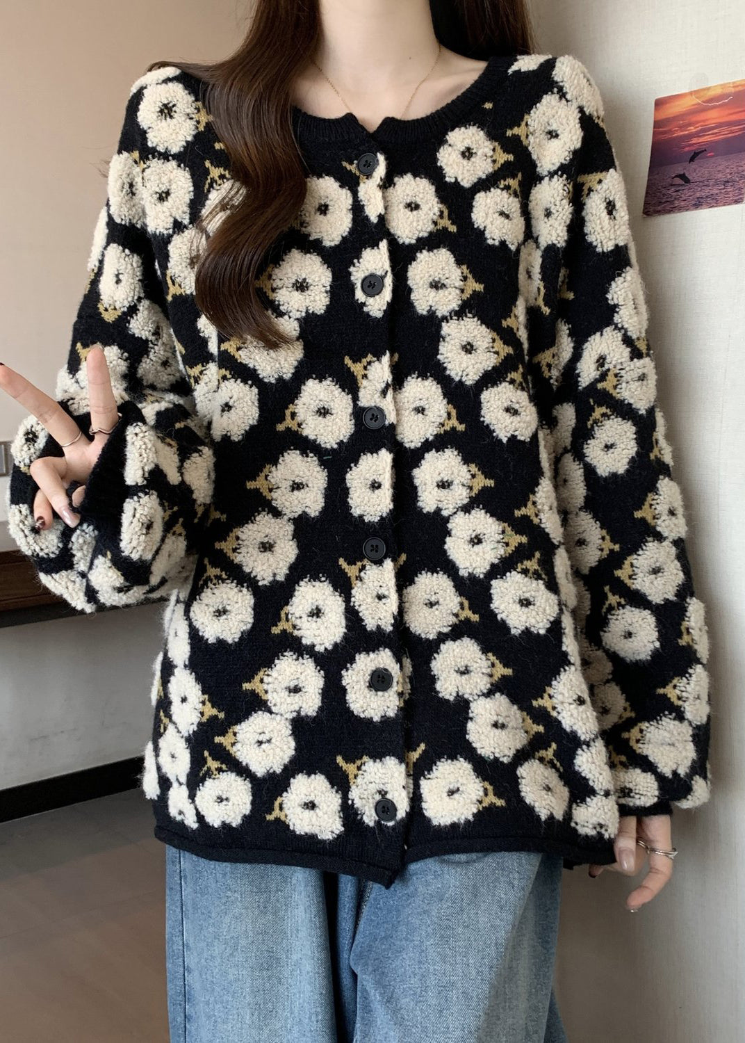 Black Embroidered Knit Loose Coat Winter