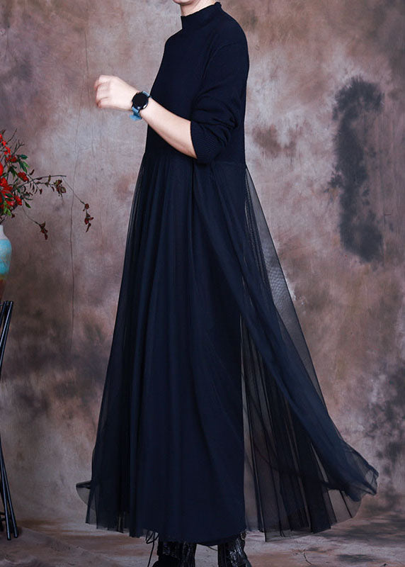 Black Tulle Patchwork Knit Dress Spring