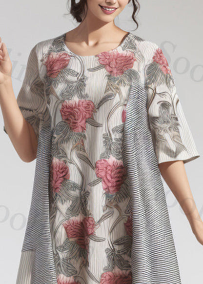 New Beige Asymmetrical Print Cotton Long Dress Summer