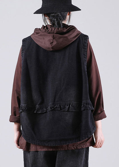 Black Stand Collar Pockets Button Fall Sleeveless Waistcoat