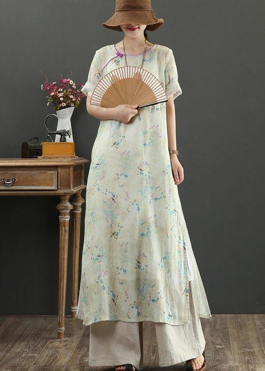 Boutique Khaki Print Side Open Vacation Summer Linen Dress