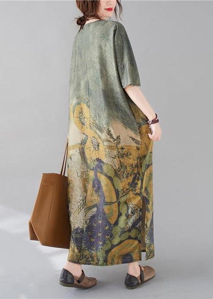 French V Neck Side Open Spring Tunic Dress Peacock Print Kaftan Dress