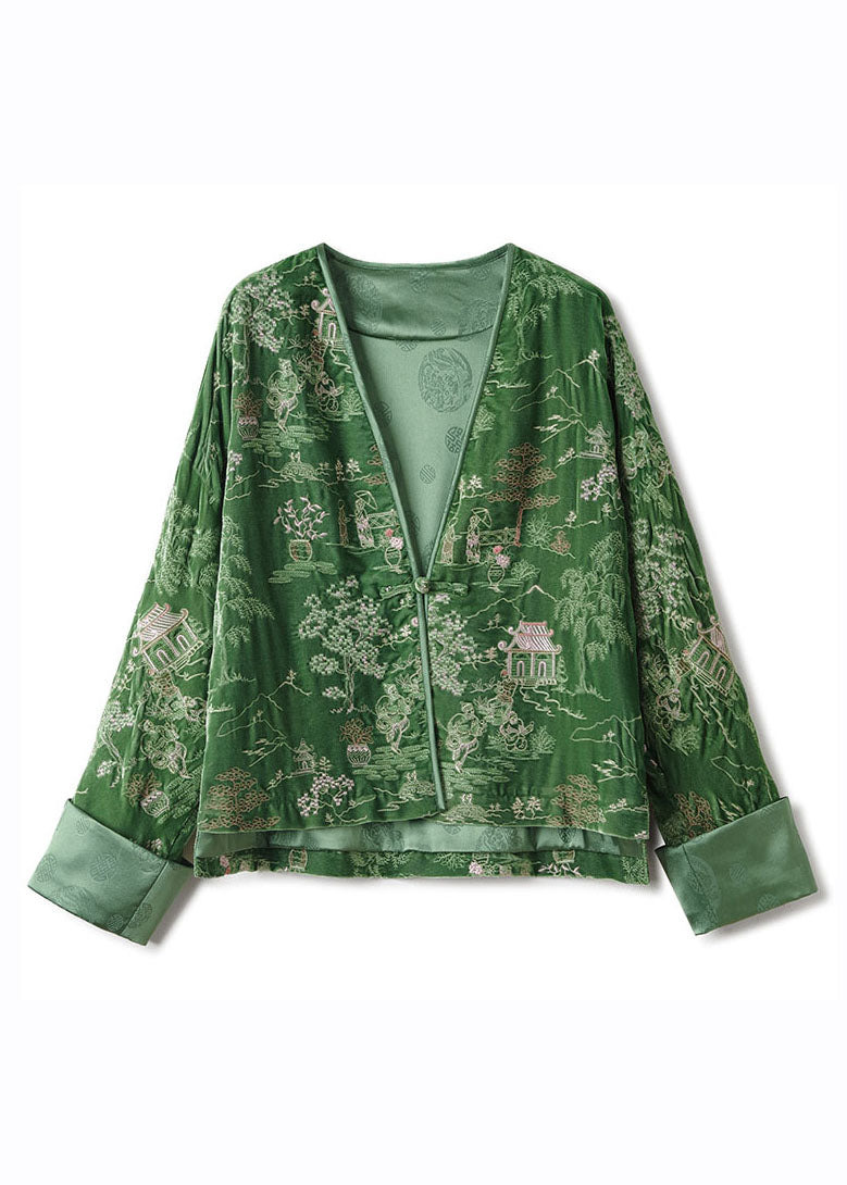 Green V Neck Embroideried Button Silk Velour Coats Fall