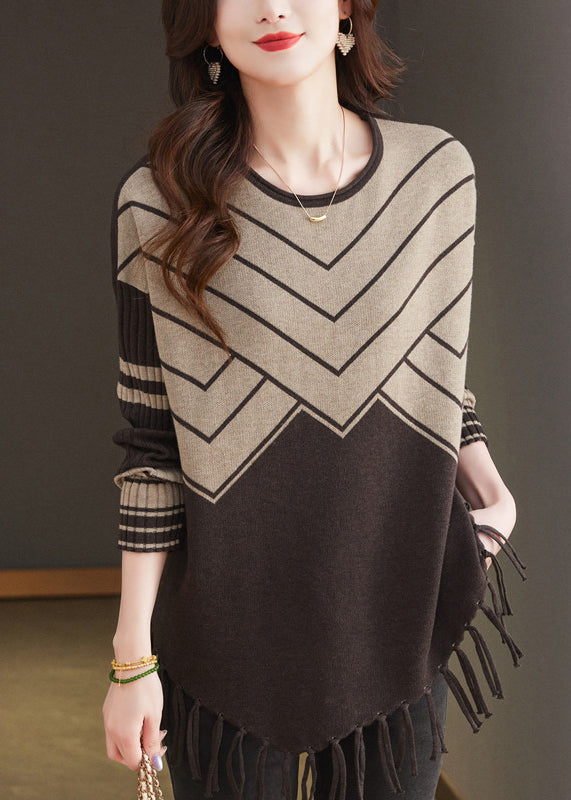 Coffee O Neck Tassel Woolen Sweater Tops Spring