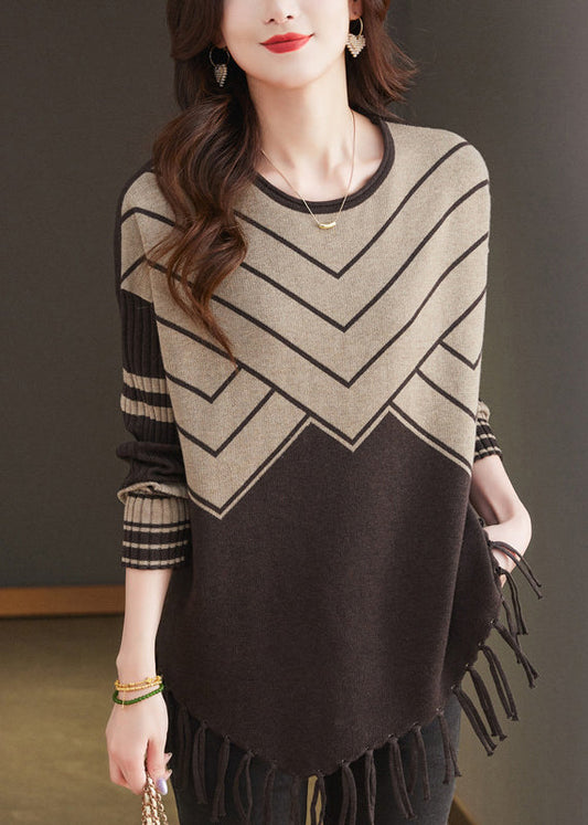 Coffee O Neck Tassel Woolen Sweater Tops Spring